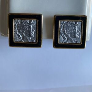 VINTAGE Lovely picture frame & silver Roman soldier clip-on earrings, 1”H x 1”W